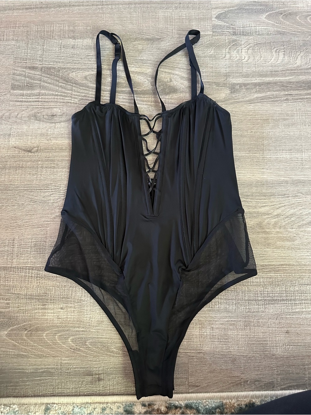 Black Lace-Up Mesh One-piece Bodysuit